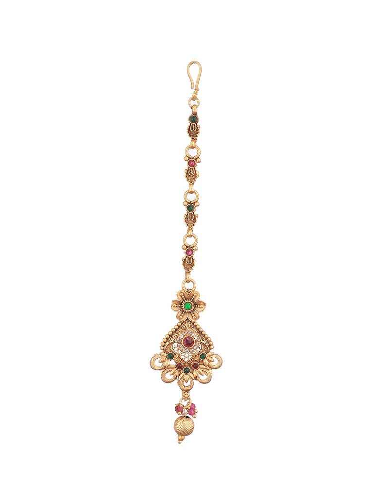 Gold Plated Red & Green Stones Delicate Floral Mangtika : SJMT2441