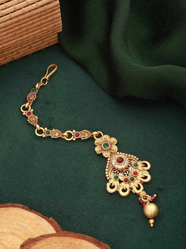 Gold Plated Red & Green Stones Delicate Floral Mangtika : SJMT2441