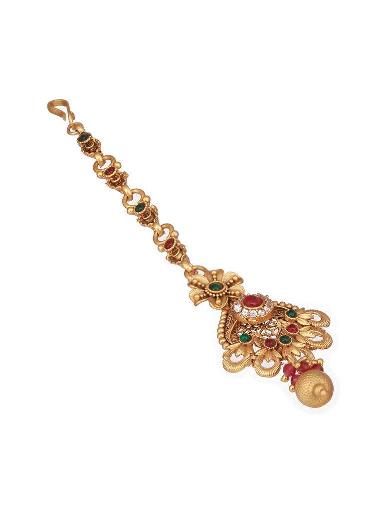 Gold Plated Red & Green Stones Delicate Floral Mangtika : SJMT2441