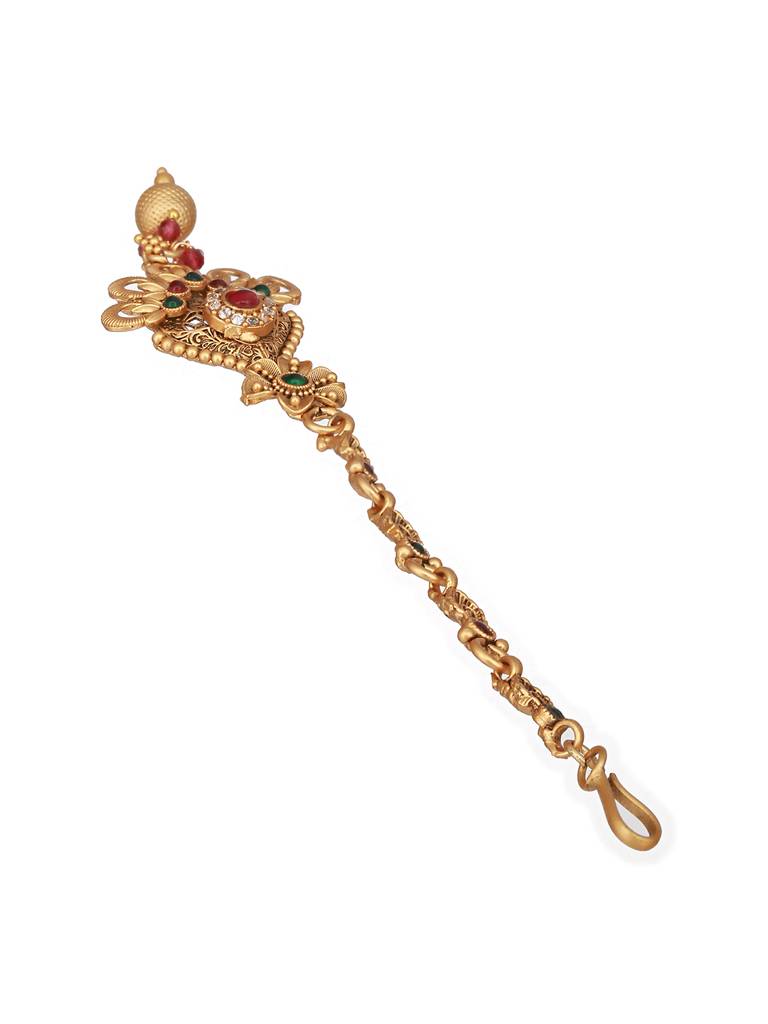 Gold Plated Red & Green Stones Delicate Floral Mangtika : SJMT2441