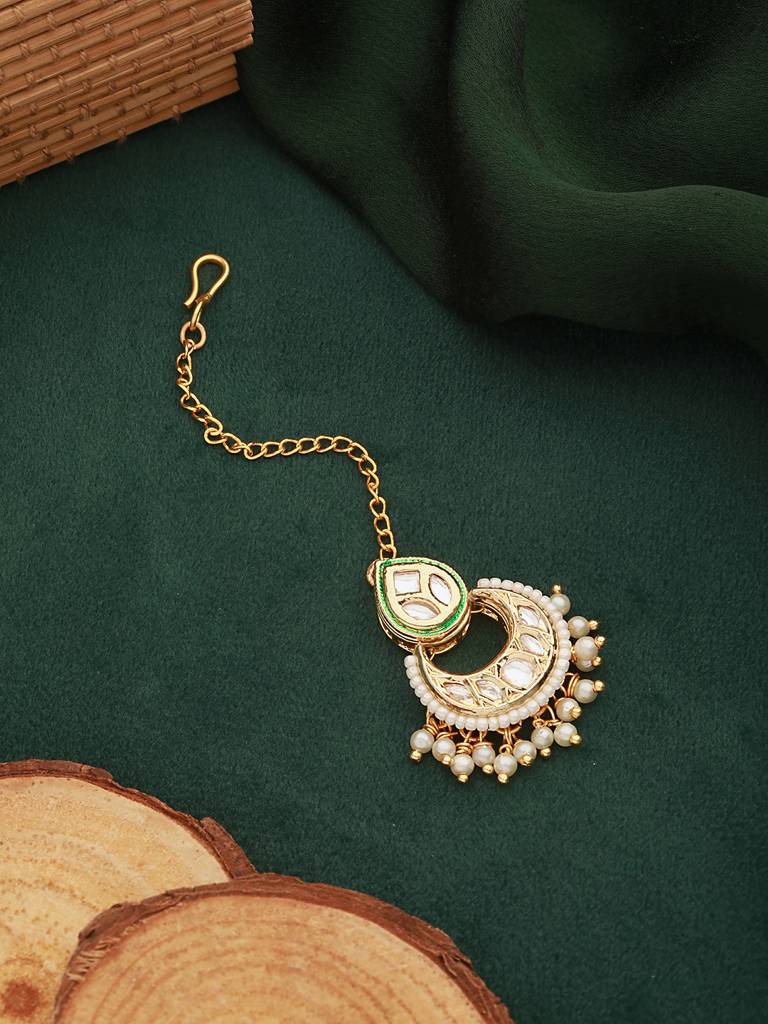 Gold Plated Panchi Kundan & Pearl Beaded Delicate Mangtika : SJMT2442