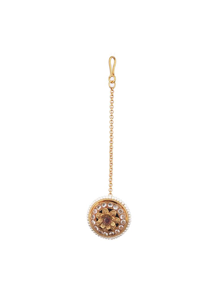 Gold Plated Red Stone Studded & Pearl Beaded Delicate Borla Mangtika : SJMT2443