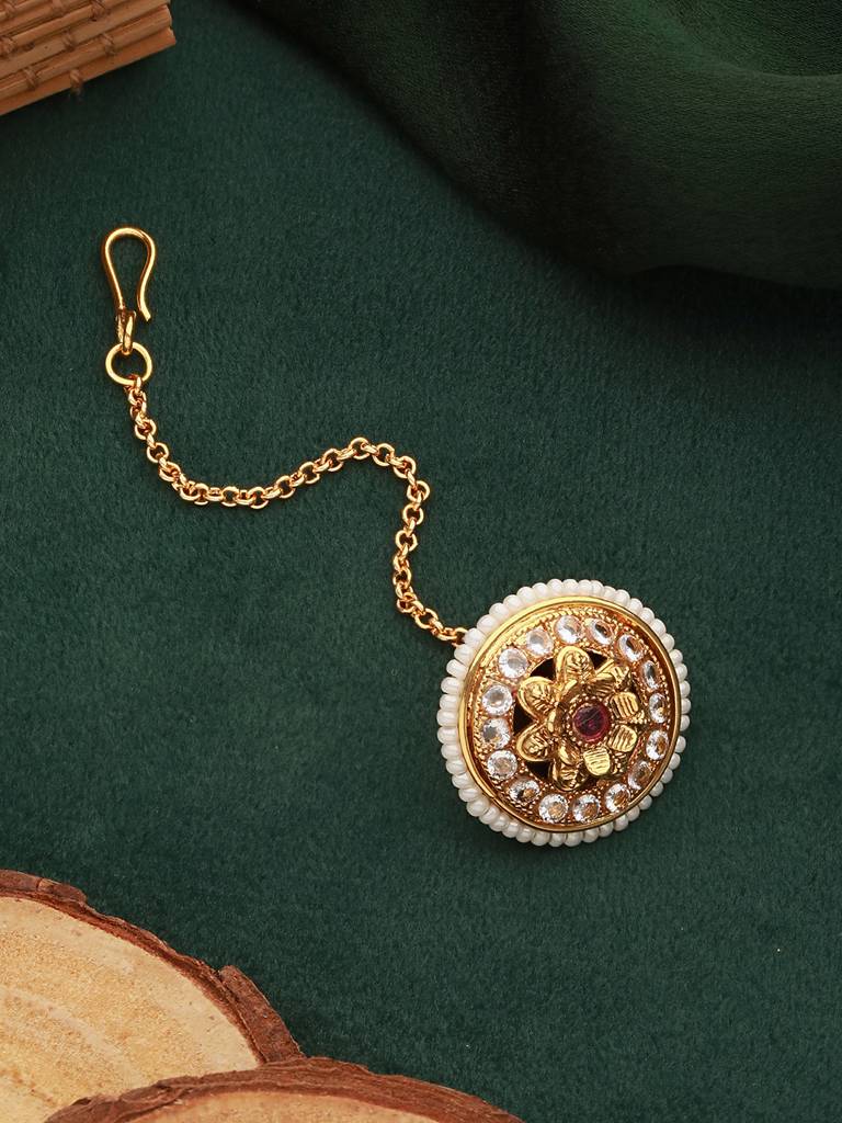 Gold Plated Red Stone Studded & Pearl Beaded Delicate Borla Mangtika : SJMT2443