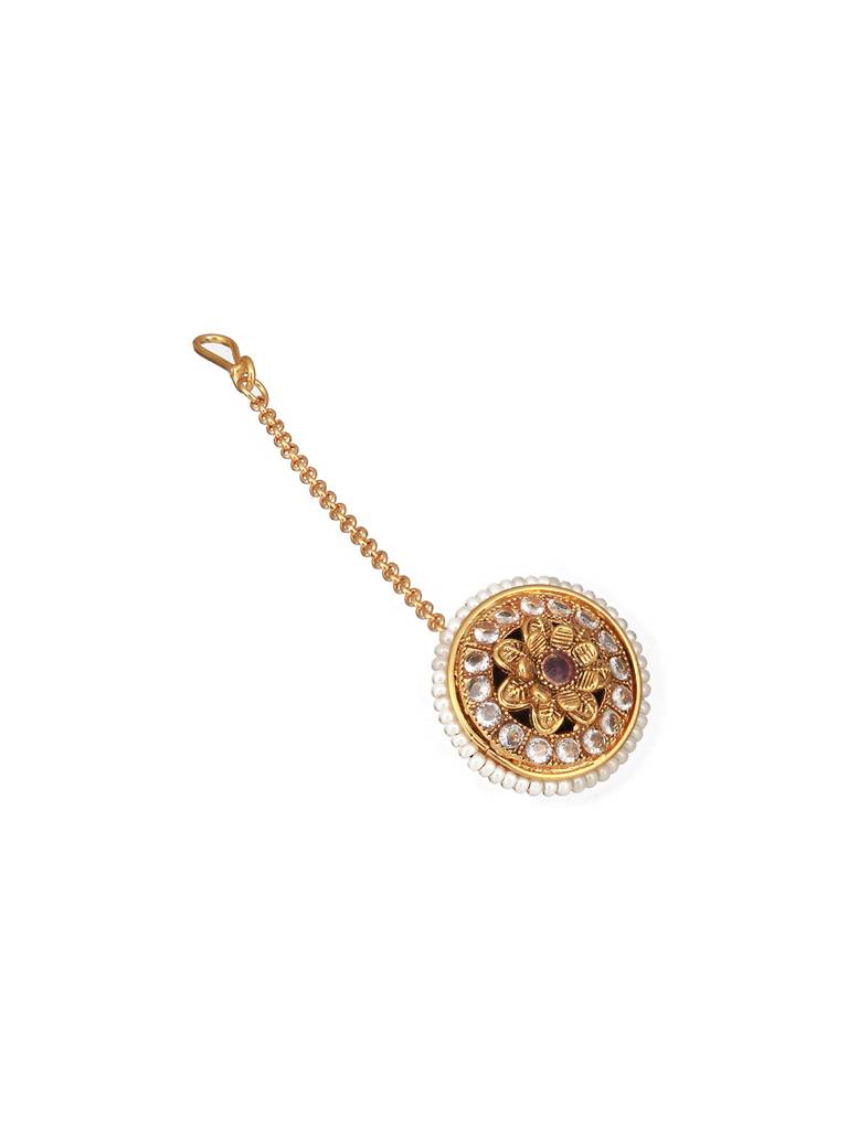 Gold Plated Red Stone Studded & Pearl Beaded Delicate Borla Mangtika : SJMT2443