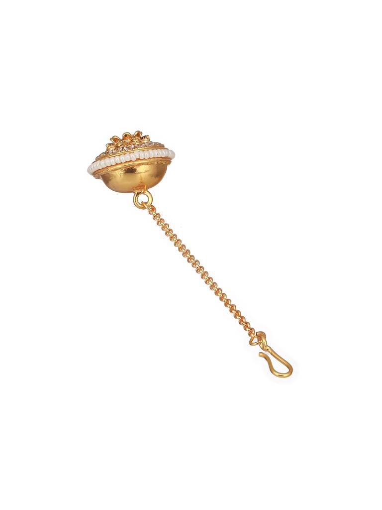 Gold Plated Red Stone Studded & Pearl Beaded Delicate Borla Mangtika : SJMT2443