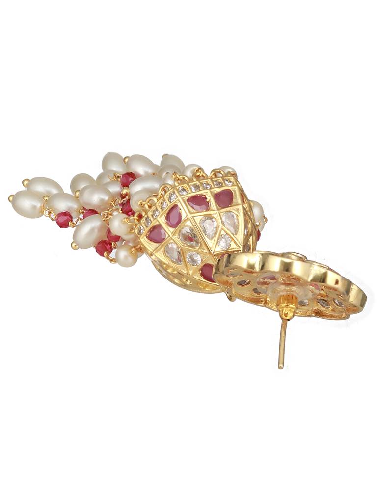 Gold Plated Red Ad Pearl Beaded Contemporary Long  Jhumka Earrings : SJER2445