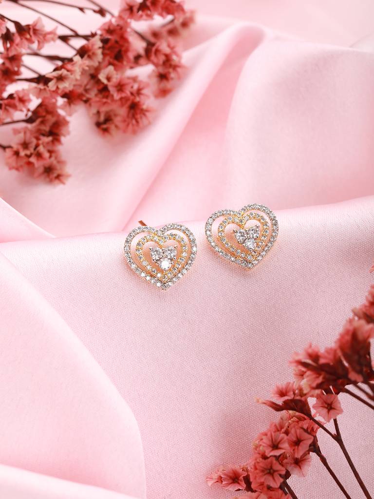 Gold Plated Ad Studded Heart Shaped Minimal Studds Earrings Brass Free  Size Gold