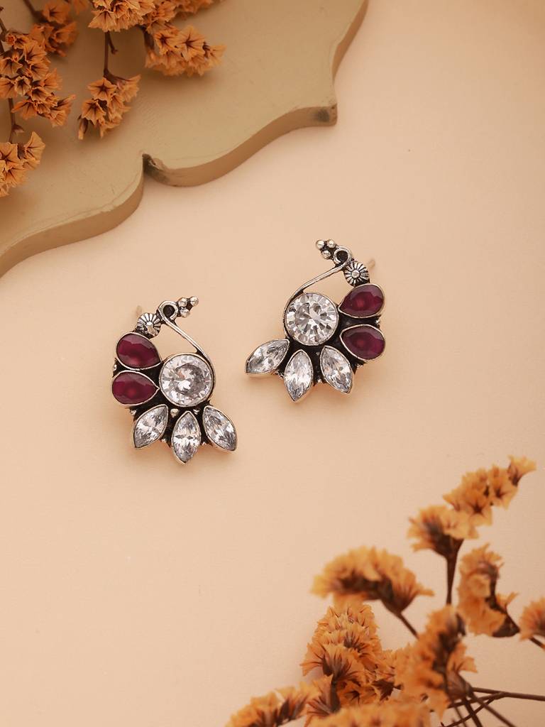 Silver Toned Crystal Studded Bird Shaped Minimal Dailywear  Earrings : SJER2452