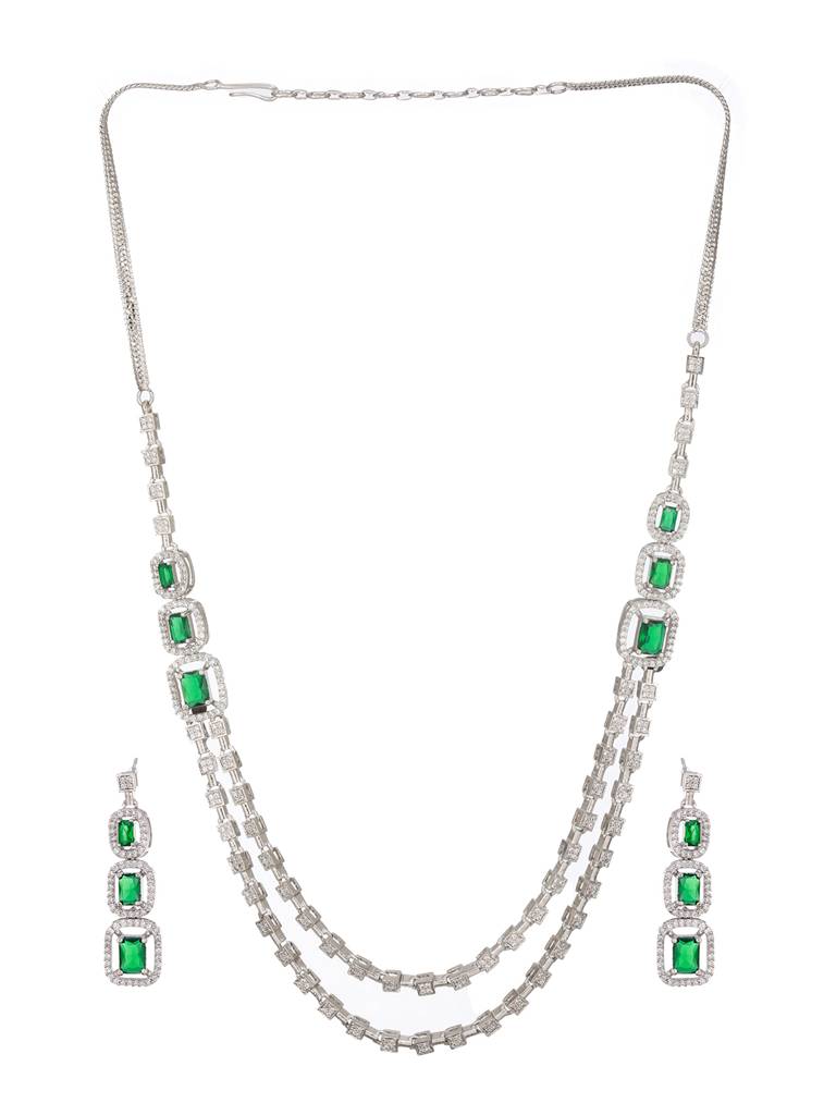 Silver Plated Green Zircon Studded Double 2 Lined Bridal Luxe Jewellery Set : SJNK2453