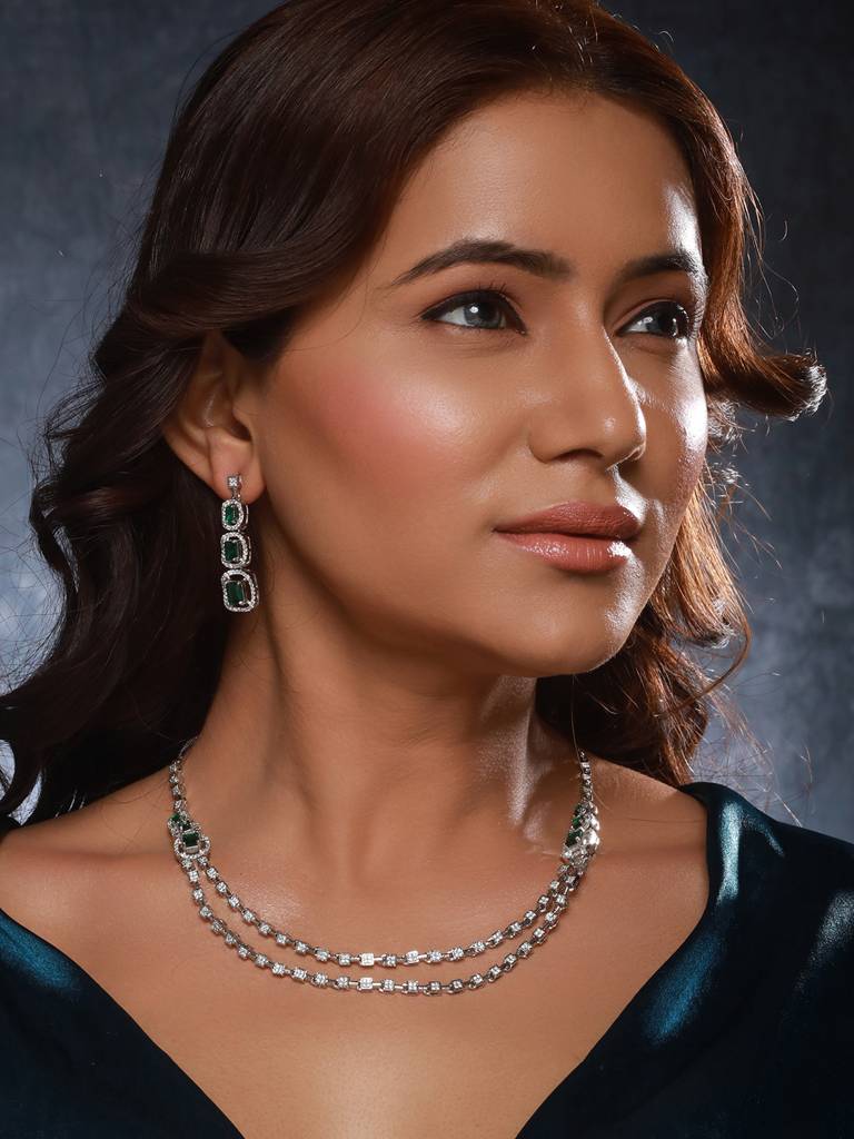 Silver Plated Green Zircon Studded Double 2 Lined Bridal Luxe Jewellery Set : SJNK2453