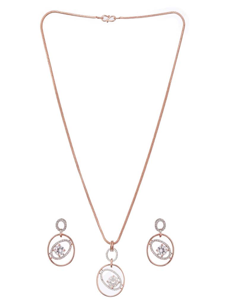 Rose Gold Plated Zircon Studded Solitaire Minimal Pendant Necklace Jewellery Set : SJLK2454