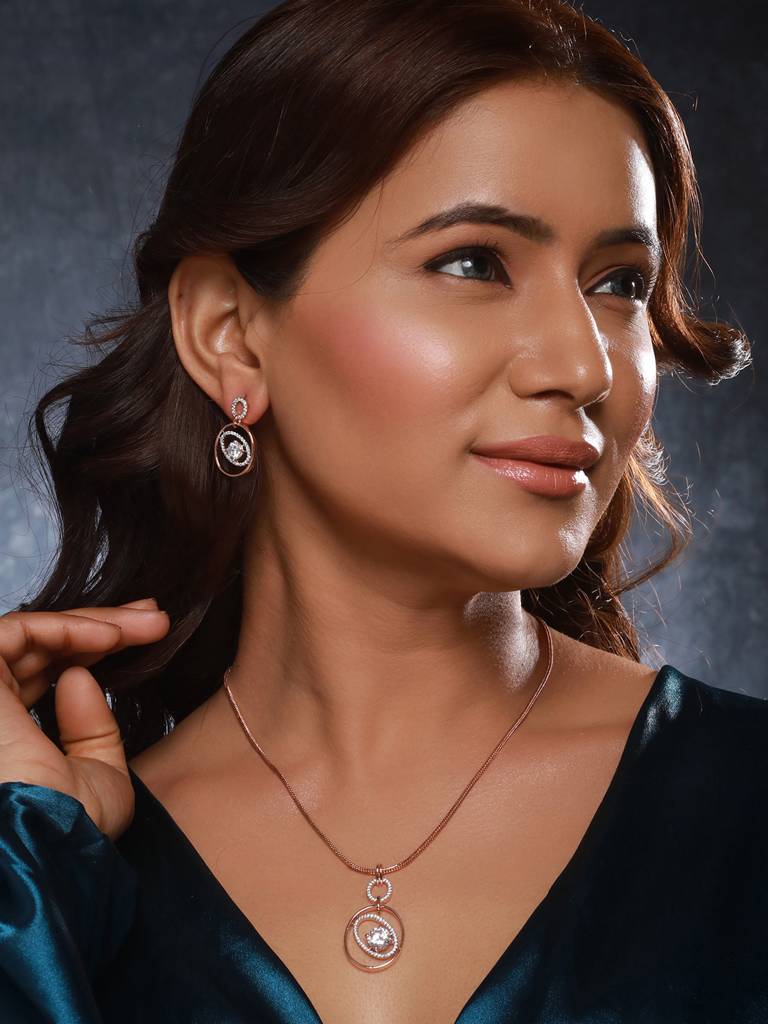 Rose Gold Plated Zircon Studded Solitaire Minimal Pendant Necklace Jewellery Set : SJLK2454
