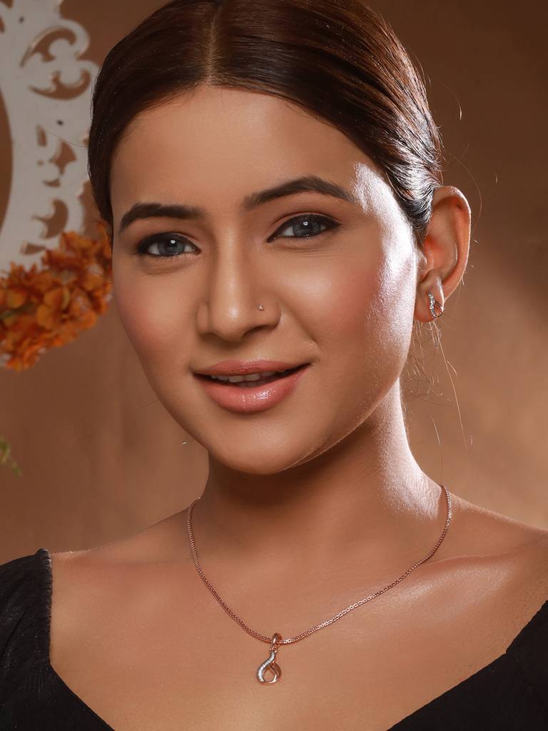 Rose Gold Plated Ad Studded Swirl Minimal Pendant Necklace Jewellery Set : SJLK2455