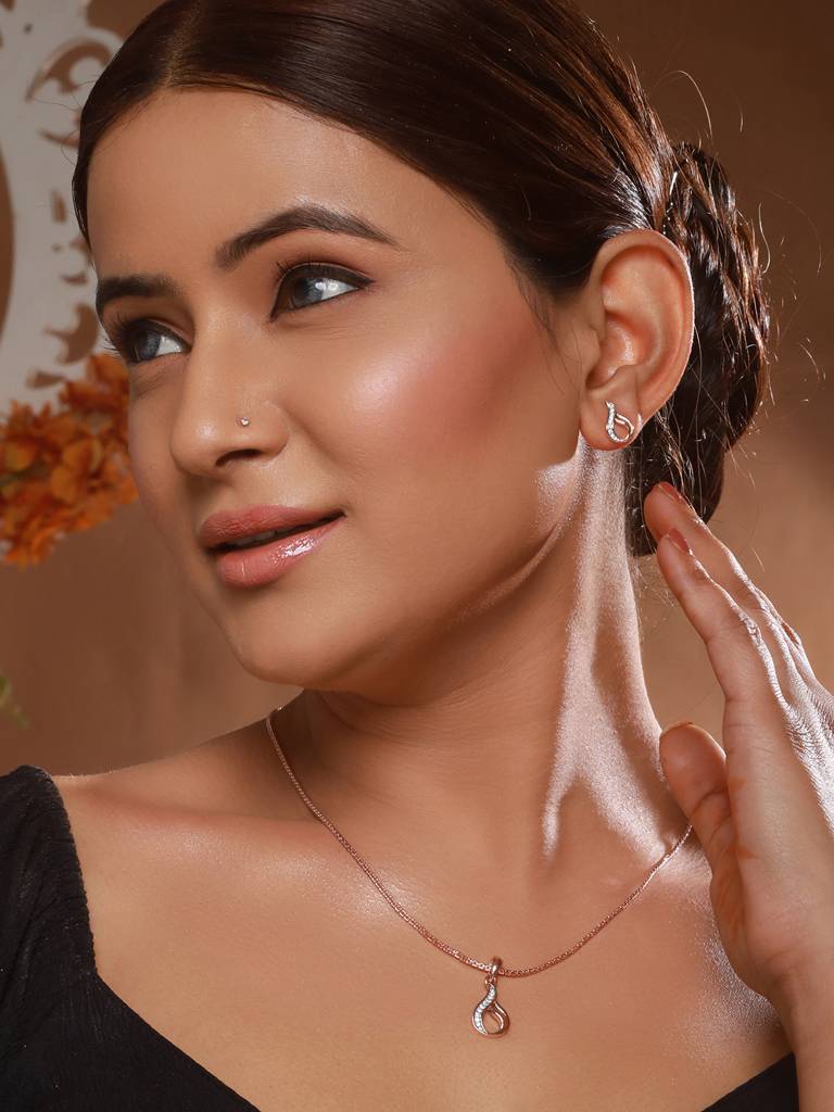 Rose Gold Plated Ad Studded Swirl Minimal Pendant Necklace Jewellery Set : SJLK2455