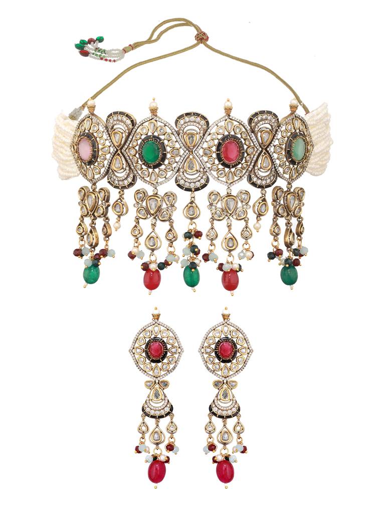 Gold Plated Kundan Studded Multicoloured Bridal Designer Choker Necklace Jewellery Set : SJNK2456