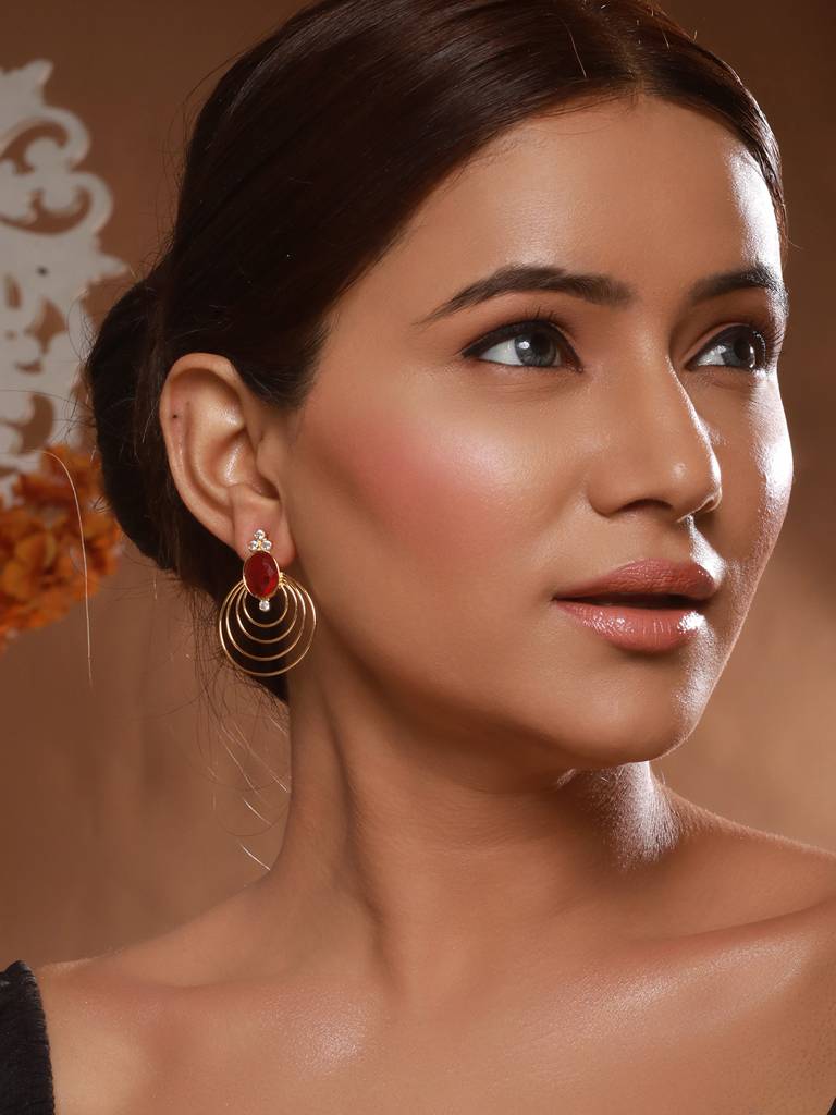 24K Gold Plated Red Ruby Circular Minimal Chunky  Chandbali Luxe Studds Earrings : SJER2461