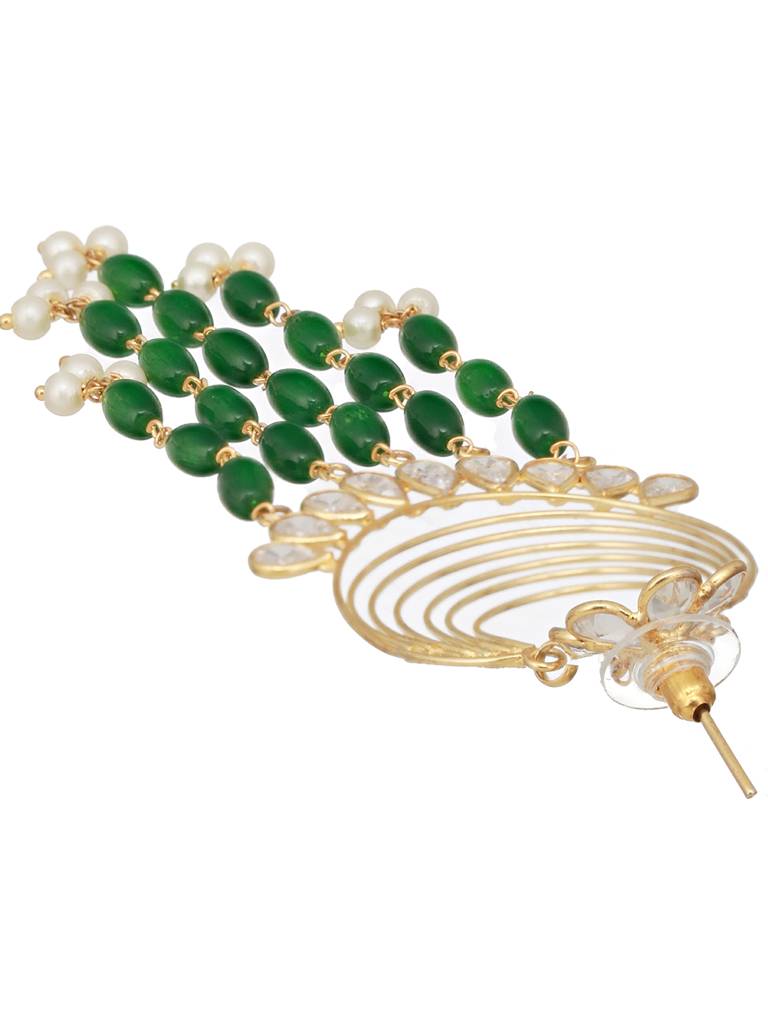 24K Gold Plated Kundan & Green Pearl Beaded Light Weight Bridal Floral Chandbali Earrings : SJER2462