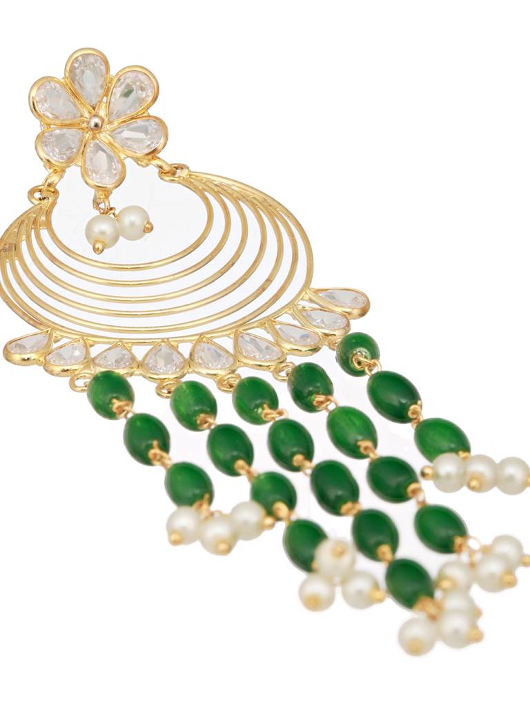 24K Gold Plated Kundan & Green Pearl Beaded Light Weight Bridal Floral Chandbali Earrings : SJER2462