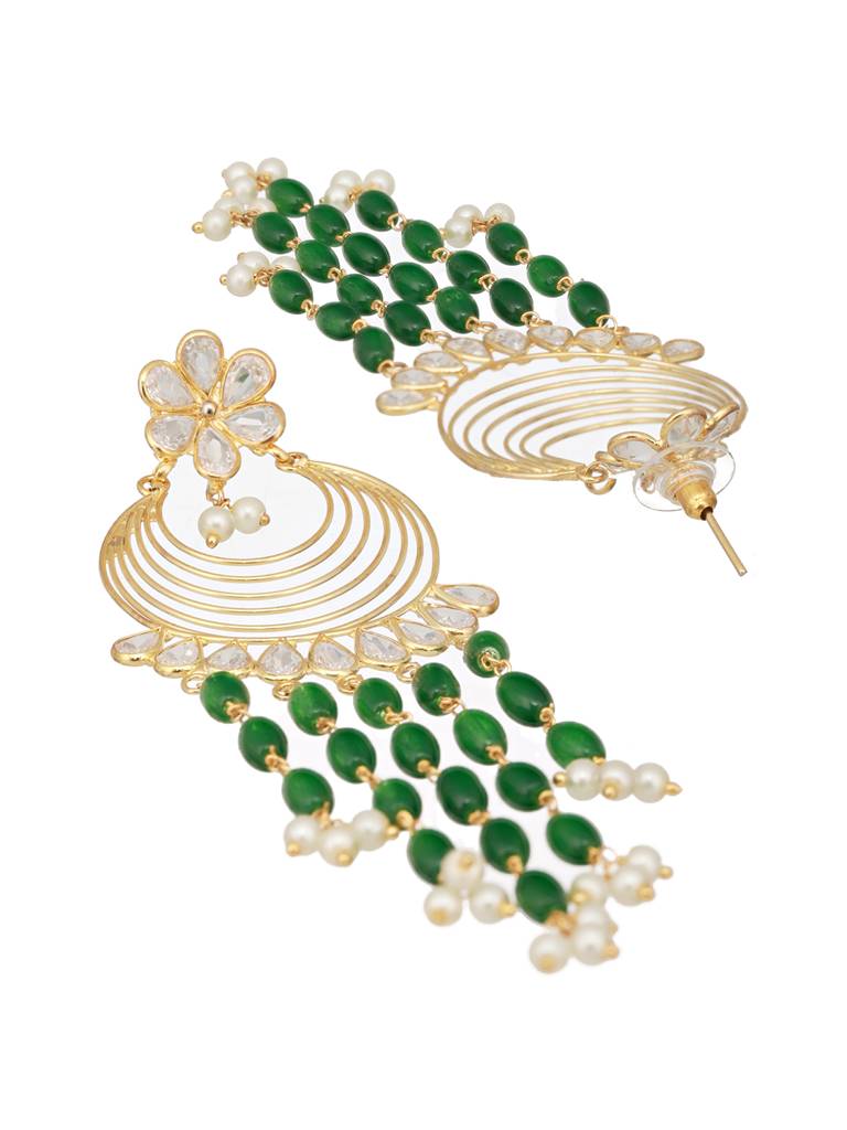 24K Gold Plated Kundan & Green Pearl Beaded Light Weight Bridal Floral Chandbali Earrings : SJER2462