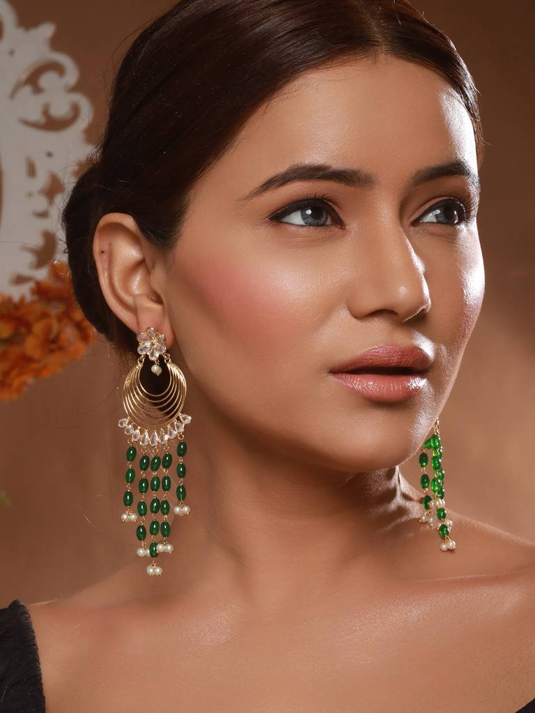 24K Gold Plated Kundan & Green Pearl Beaded Light Weight Bridal Floral Chandbali Earrings : SJER2462