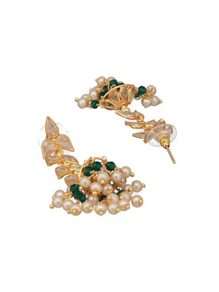 24K Gold Plated Zircon Studded Pearl Beaded Dropdown Minimal Lightweight Jhumka Earrings : SJER2464