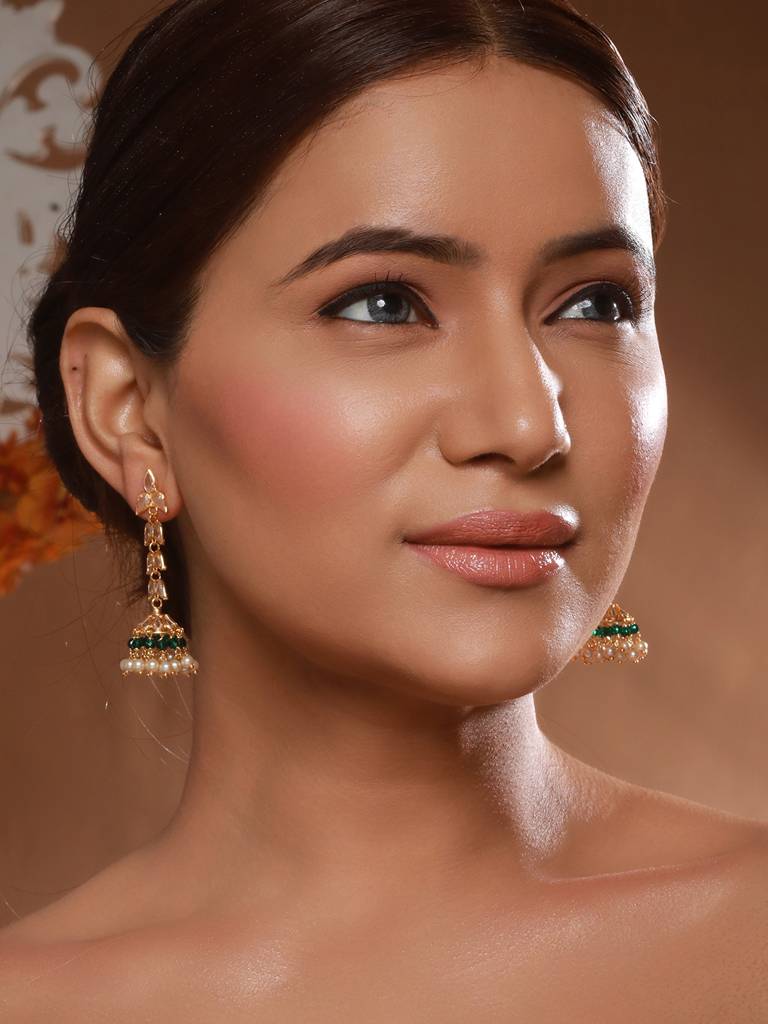 24K Gold Plated Zircon Studded Pearl Beaded Dropdown Minimal Lightweight Jhumka Earrings : SJER2464