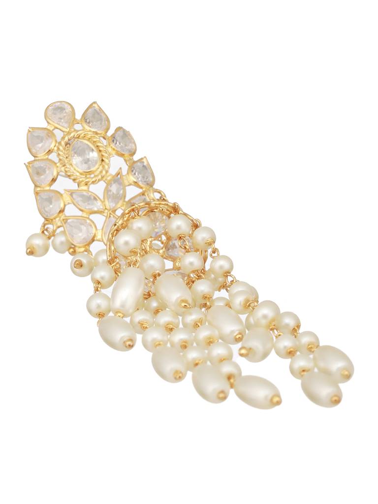 24K Gold Plated Kundan Studded Pearl Beaded Dropdown Minimal Lightweight Earring : SJER2465