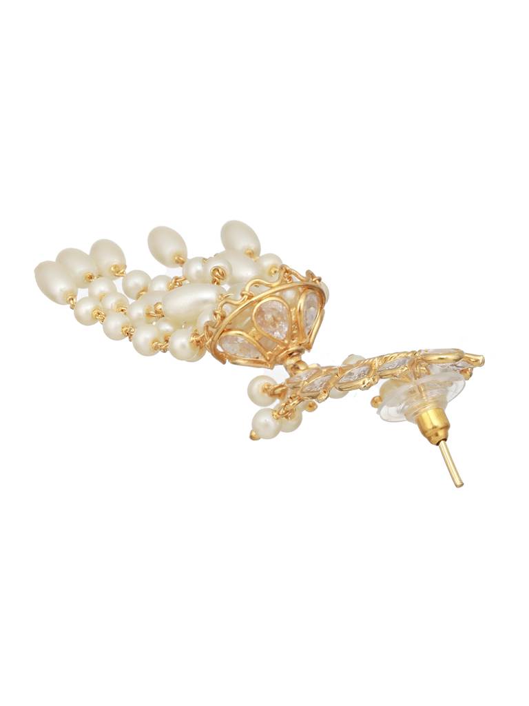 24K Gold Plated Kundan Studded Pearl Beaded Dropdown Minimal Lightweight Earring : SJER2465