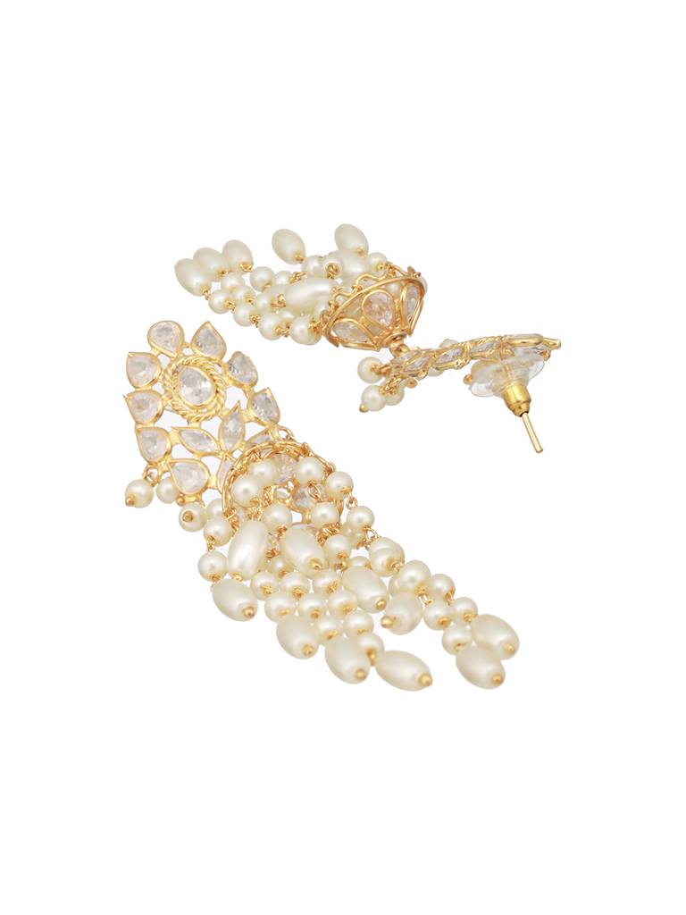 24K Gold Plated Kundan Studded Pearl Beaded Dropdown Minimal Lightweight Earring : SJER2465