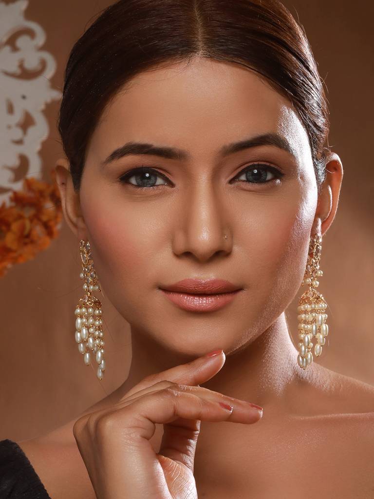 24K Gold Plated Kundan Studded Pearl Beaded Dropdown Minimal Lightweight Earring : SJER2465