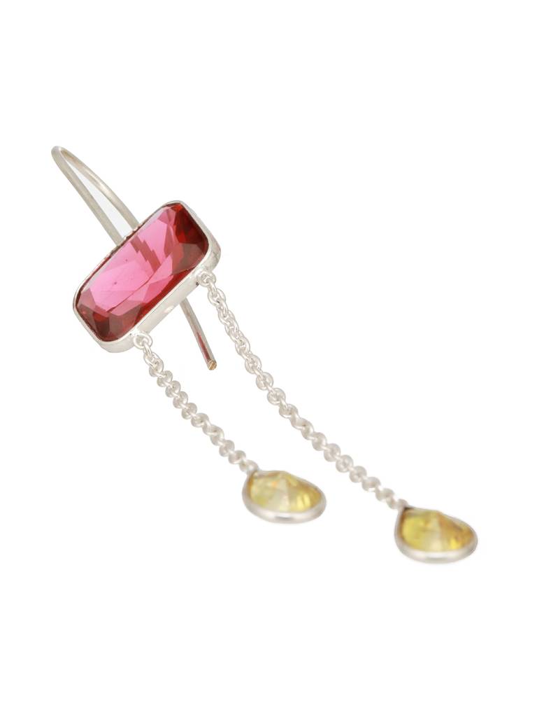 Silver Plated Red Ruby Crystal Dropdown Minimal Fishhook Earring : SJER2466