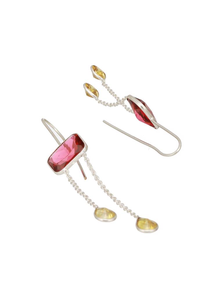 Silver Plated Red Ruby Crystal Dropdown Minimal Fishhook Earring : SJER2466