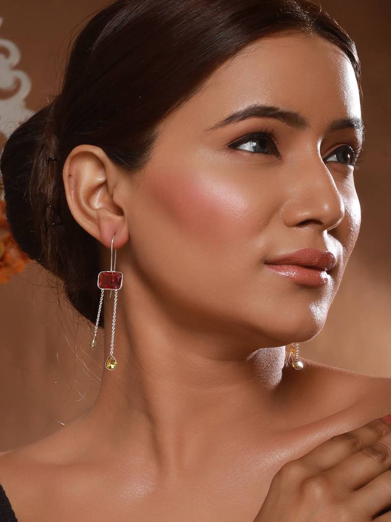 Silver Plated Red Ruby Crystal Dropdown Minimal Fishhook Earring : SJER2466