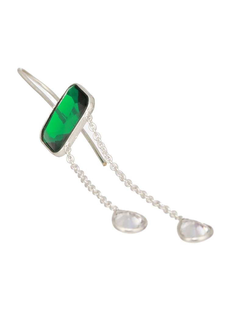 Silver Plated Green Crystal Dropdown Minimal Fishhook Earrings : SJER2467