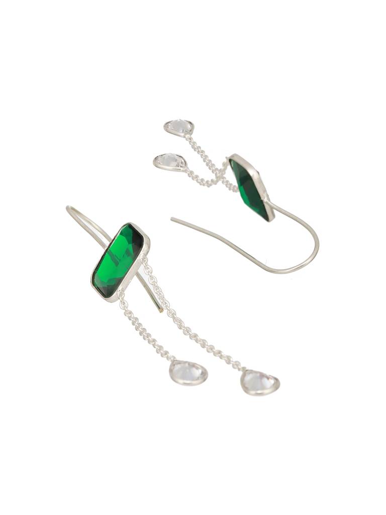 Silver Plated Green Crystal Dropdown Minimal Fishhook Earrings : SJER2467