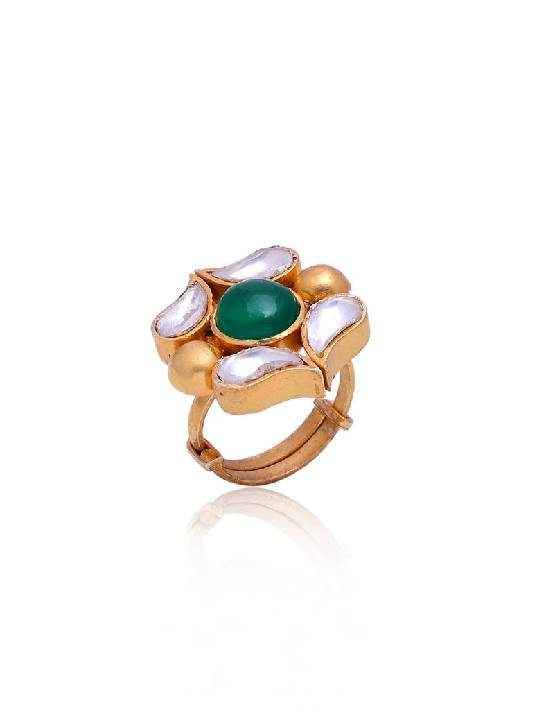925 Sterling Silver Adjustable Ring With 24K Gold Plated And Crystal Polki And Green Onex Stone : 2468