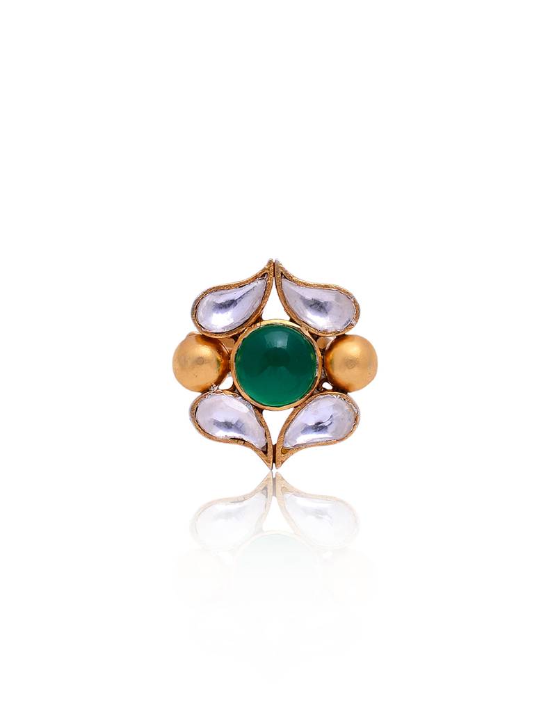 925 Sterling Silver Adjustable Ring With 24K Gold Plated And Crystal Polki And Green Onex Stone : 2468