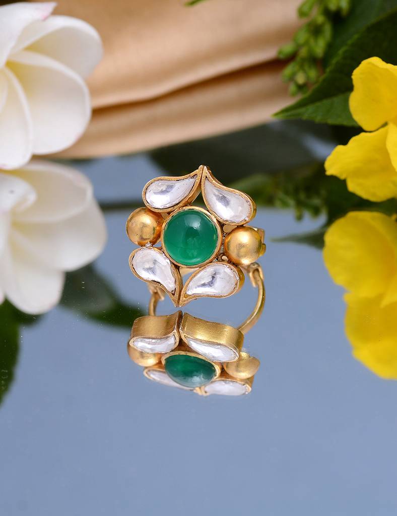 925 Sterling Silver Adjustable Ring With 24K Gold Plated And Crystal Polki And Green Onex Stone : 2468