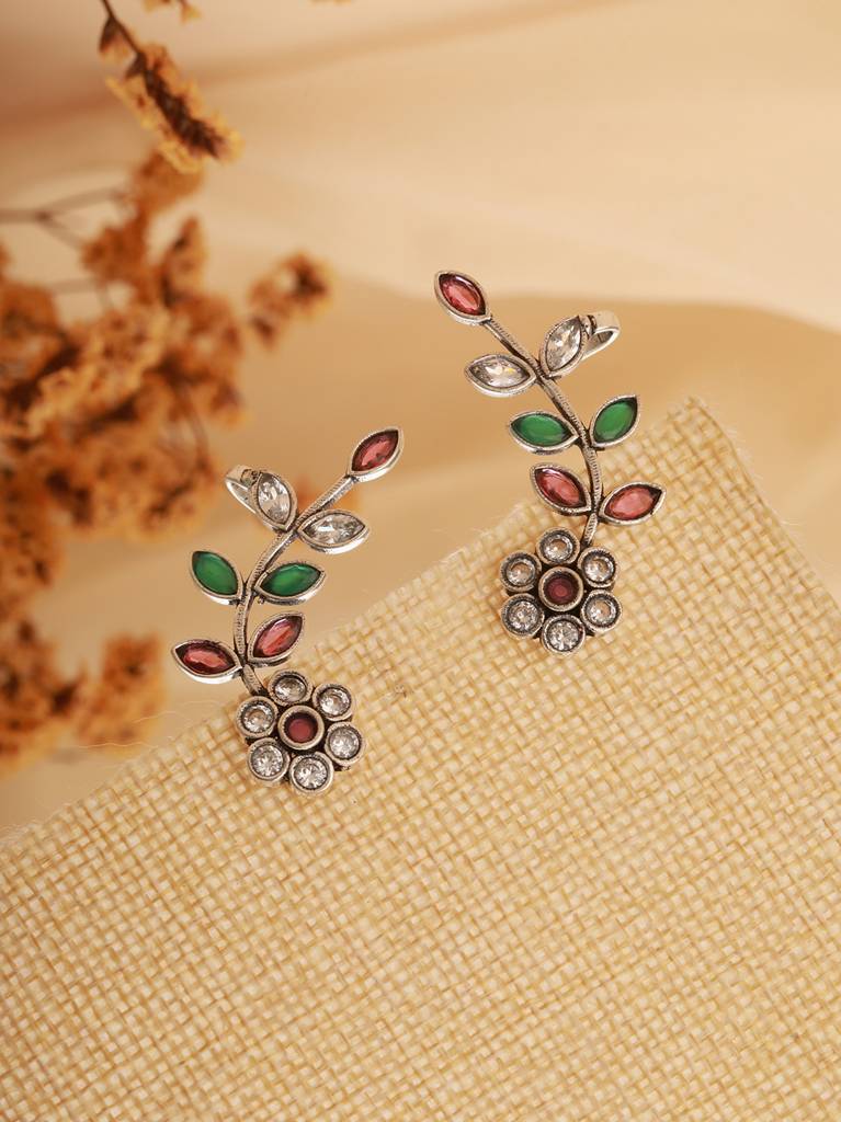 Oxidised Silver Plated Red Stone Studded Floral Ear Cuff Earrings : SJER2471