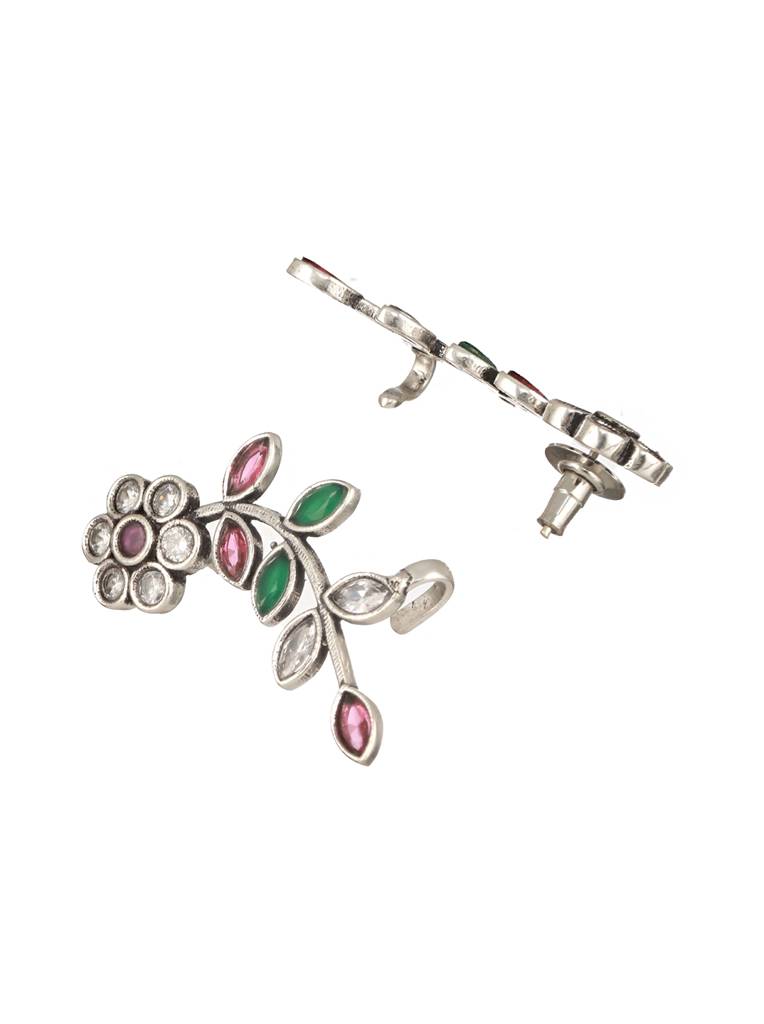 Oxidised Silver Plated Red Stone Studded Floral Ear Cuff Earrings : SJER2471