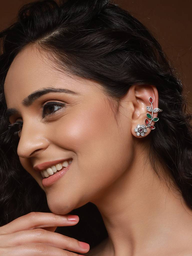 Oxidised Silver Plated Red Stone Studded Floral Ear Cuff Earrings : SJER2471