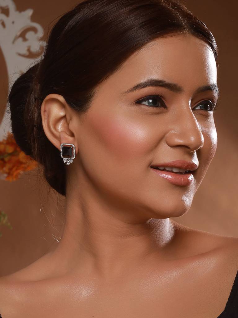 Silver Plated Blue Zircon Minimal Luxe Studs Earrings : SJER2474