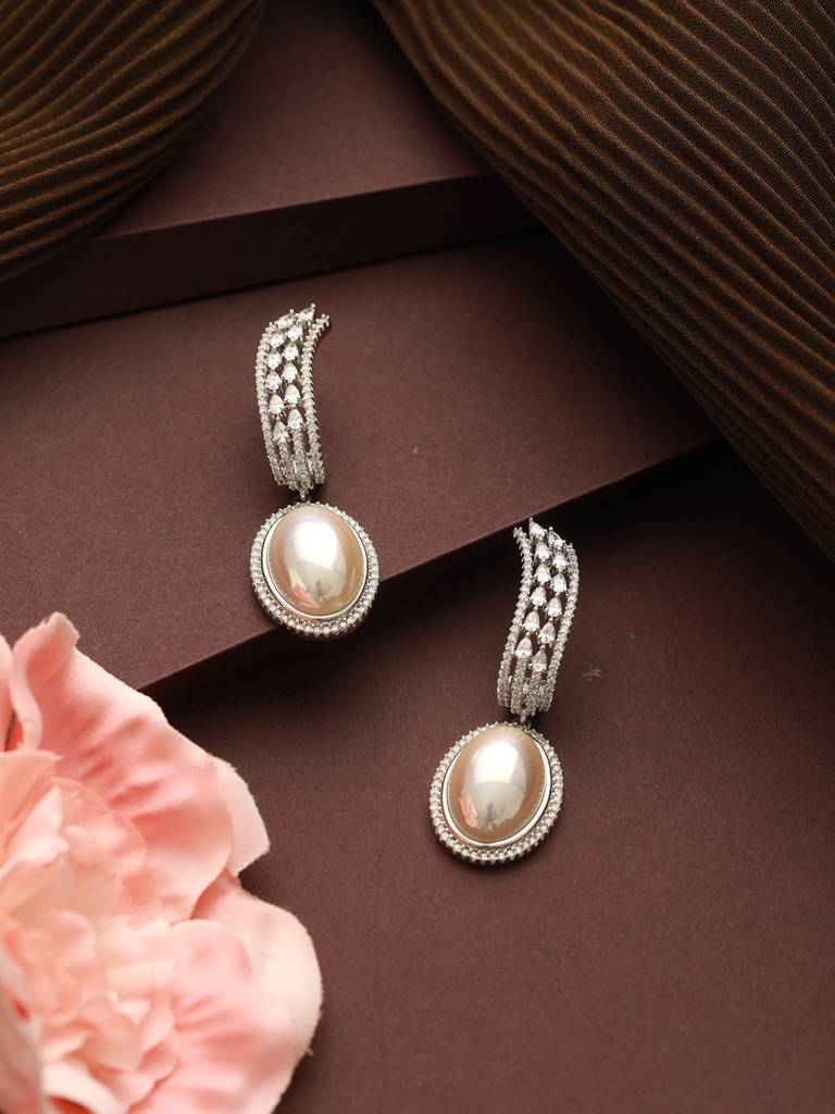 Silver Plated Zircon Studded Pearl Beaded Designer Dangler Hoop  Bali Earrings : SJER2477