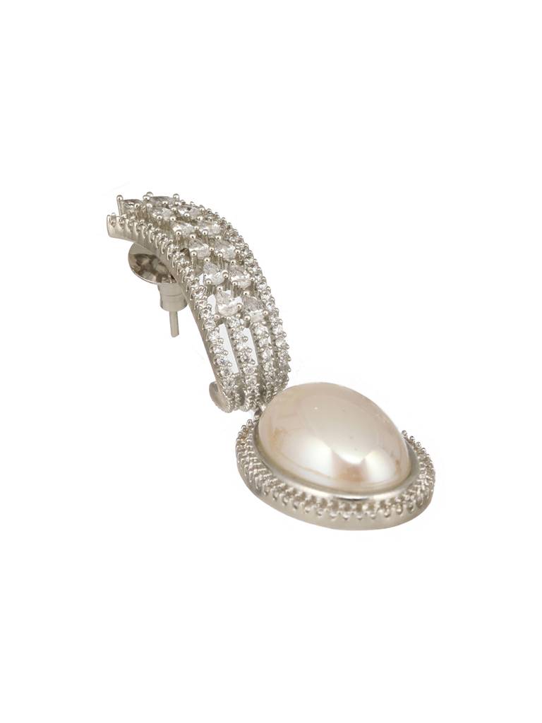Silver Plated Zircon Studded Pearl Beaded Designer Dangler Hoop  Bali Earrings : SJER2477