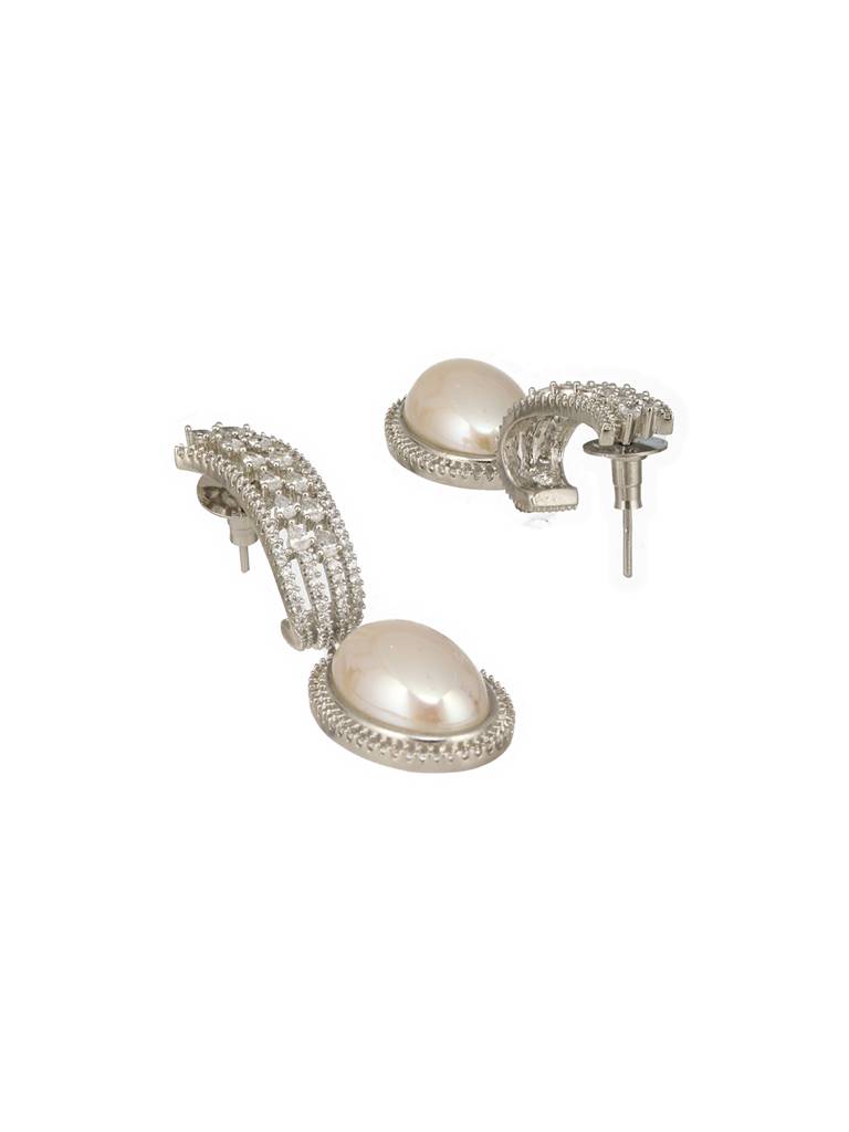 Silver Plated Zircon Studded Pearl Beaded Designer Dangler Hoop  Bali Earrings : SJER2477