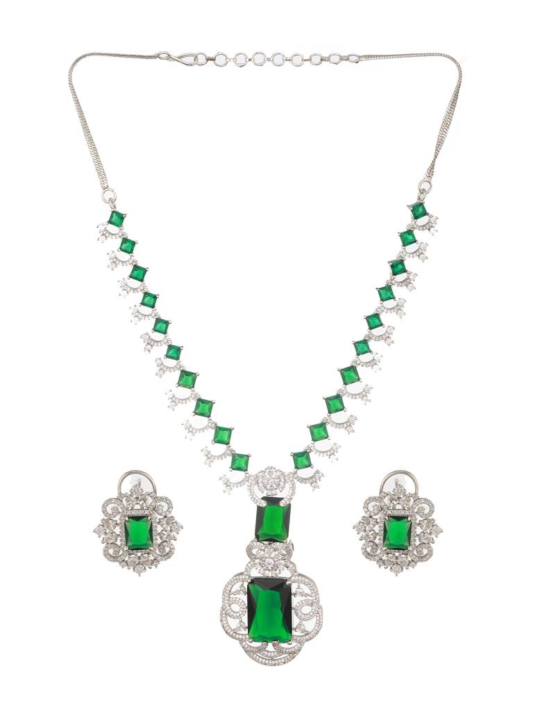 Silver Plated Emarald Green Cz Studded Designer Luxe Pendant Jewellery Set : SJNK2480