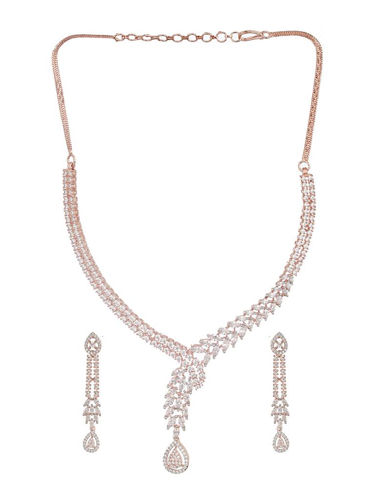 Rose Gold Plated Zircon Studded Luxe Pendant Necklace Jewellery Set : SJNK2481