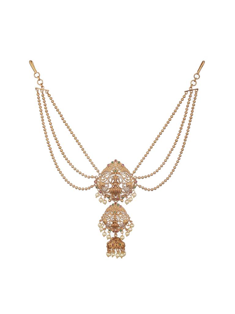 Gold Plated Red Kemp & Pearl Beaded Shri Lakshmi Design Bridal 3 Layered Chain Hair Brooch Jadai Billai : SJMP2482
