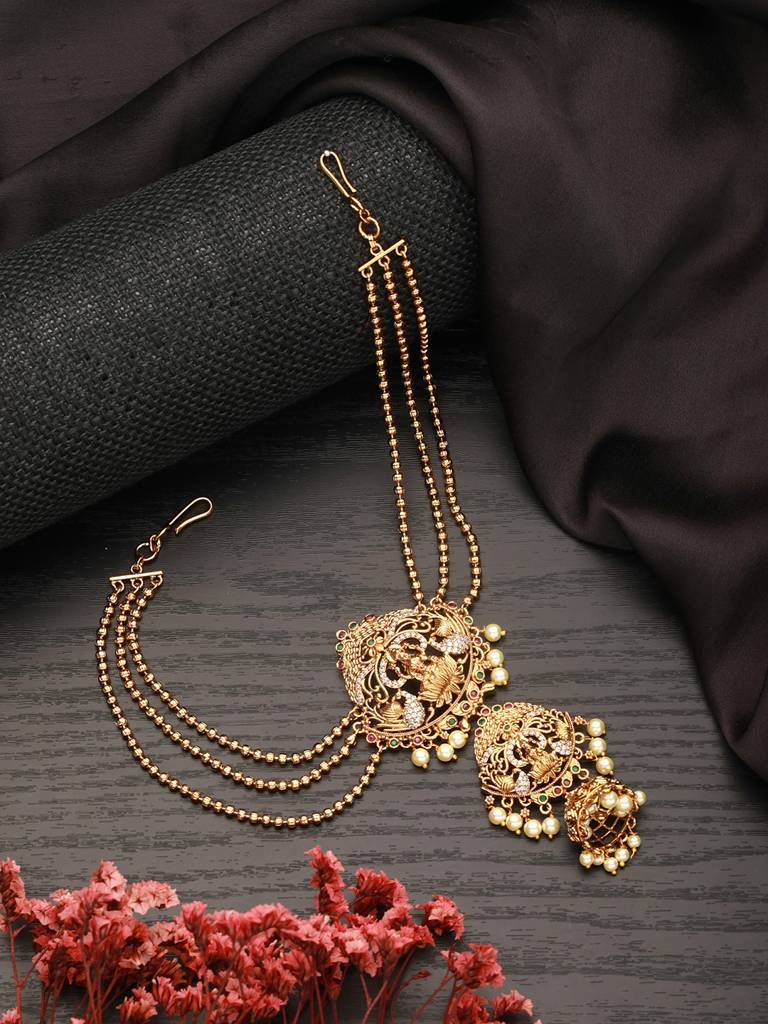 Gold Plated Red Kemp Pearl Beaded Shri Lakshmi Design Bridal