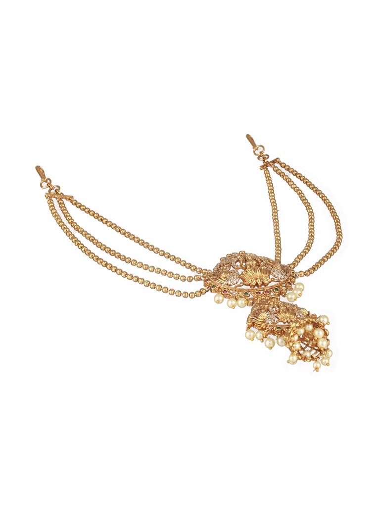 Gold Plated Red Kemp & Pearl Beaded Shri Lakshmi Design Bridal 3 Layered Chain Hair Brooch Jadai Billai : SJMP2482
